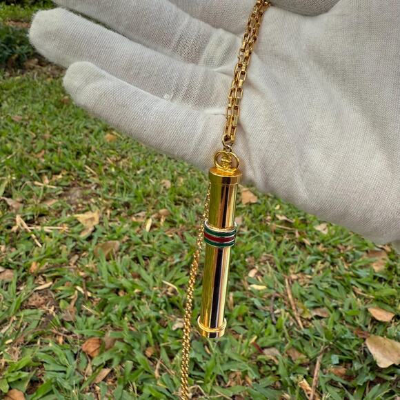 Vintage Gucci Golden Stick Perfume Bottle Necklace Webbing Green Red Sherry Line - Picture 3 of 11